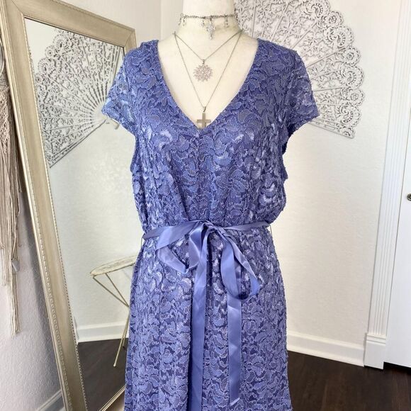 Plus size 2X Early 2000s Whimsical Purple Fairy Lace Satin Bow Formal Prom Dress - Picture 2 of 6